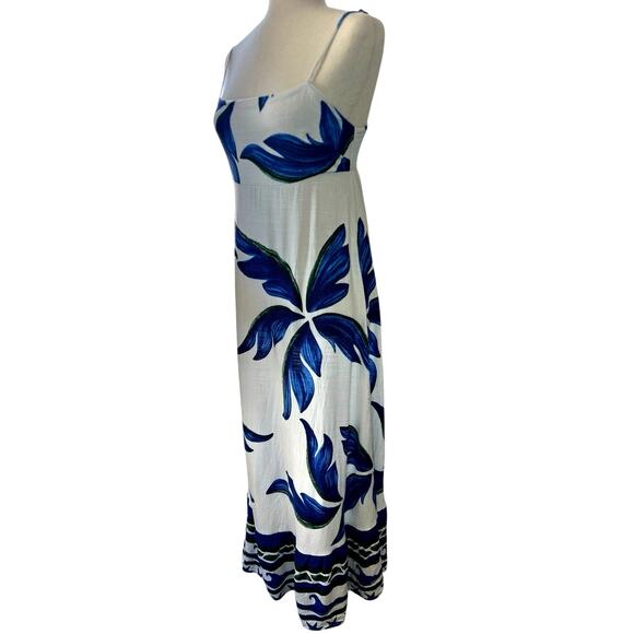 Label of Love Linen Blend Maxi Dress Blue White Tropical Sz Medium Summer Beachy - Picture 2 of 8